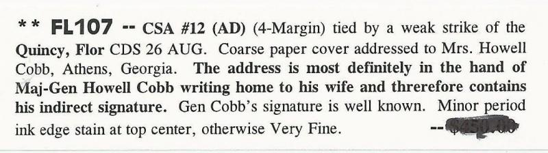 CSA Scott #12 Tied to Cover by Quincy, FL CDS 26 Aug Howell Cobb to Wife 