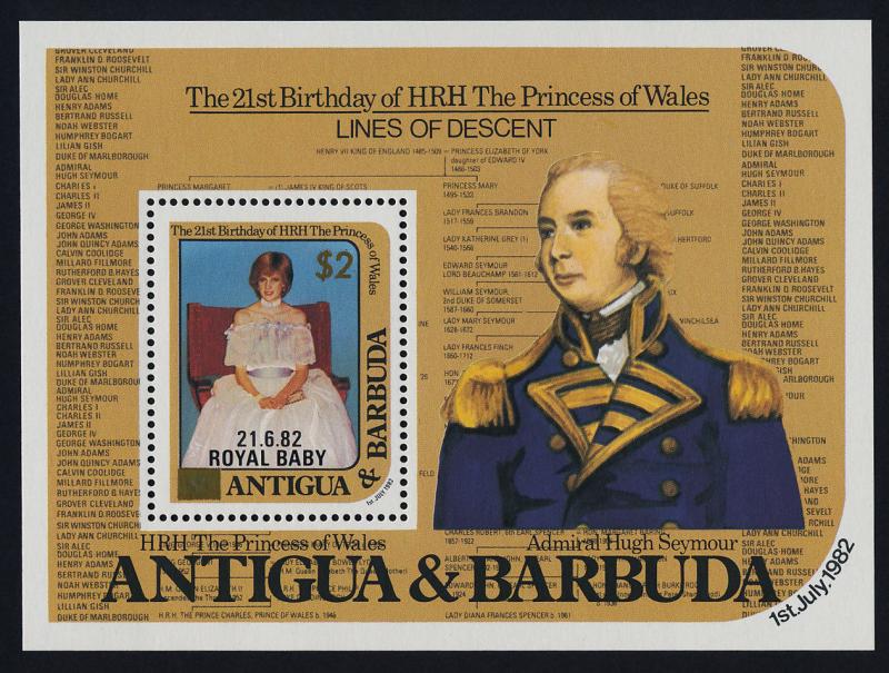 Antigua 807 MNH Diana 21st Birthday, Admiral Seymour, Royal Baby Gold o/p