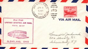 FIRST FLIGHT U.S. AIR MAIL ROUTE AM 97 FROM CLEVELAND OHIO - NEWARK N.J. 1953