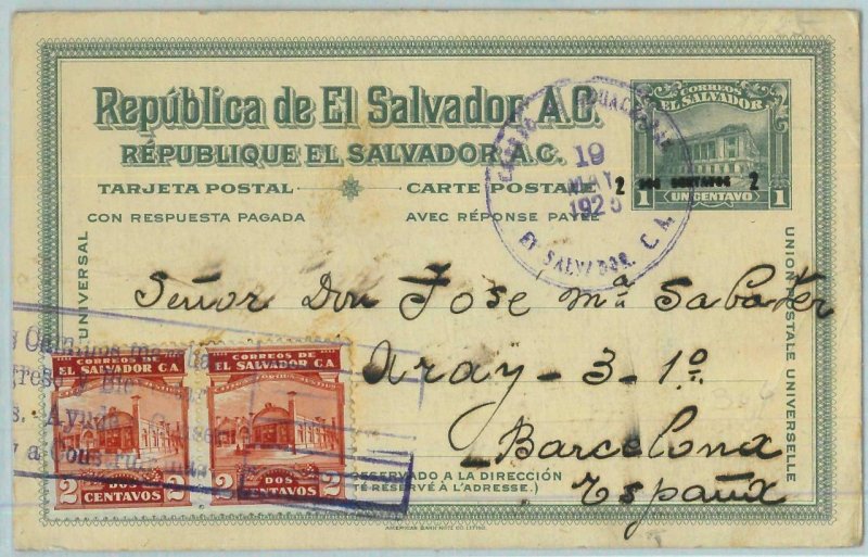 BK0345 - EL SALVADOR - POSTAL HISTORY: Overprinted STATIONERY CARD to SPAIN 1925