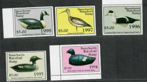 Massachusetts Sc#21-25 M/NH/VF, State Duck Stamps, Cv. $50