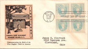 FDC 1937 SC #796 Linprint Cachet  - Manteo, NC - Block Of 4 - F70982