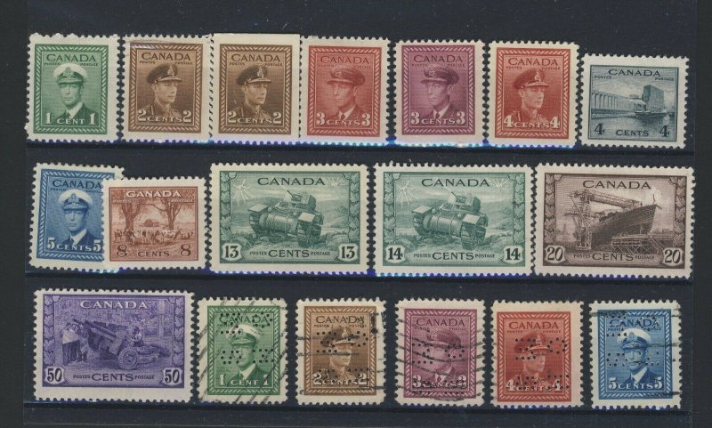 18x Canada WW2 Stamps 1c to 8c 13c-14c-20c-50c 5x O.H.M.S. Guide Value = $75.00