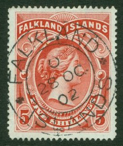 SG 42 Falklands 1898. 5/- red. Superb used with an upright Falkland Island...