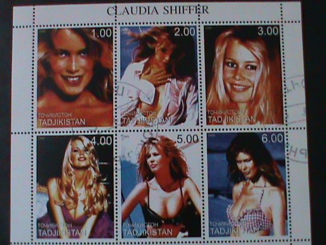 TAJIKISTAN-1999 FAMOUS SEXY MOVIE STAR-CLAUDIA SHIFFER CTO SHEET FANCY CANCEL