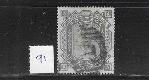 GREAT BRITAIN SCOTT #91A (SG #135) 1882-83 10SH (SLATE-WHITE PAPER) WMK 31- USED