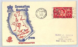 GB QEII 1953 FDC *Westminster* CORONATION GREETINGS London ROYALTY Slogan XE40