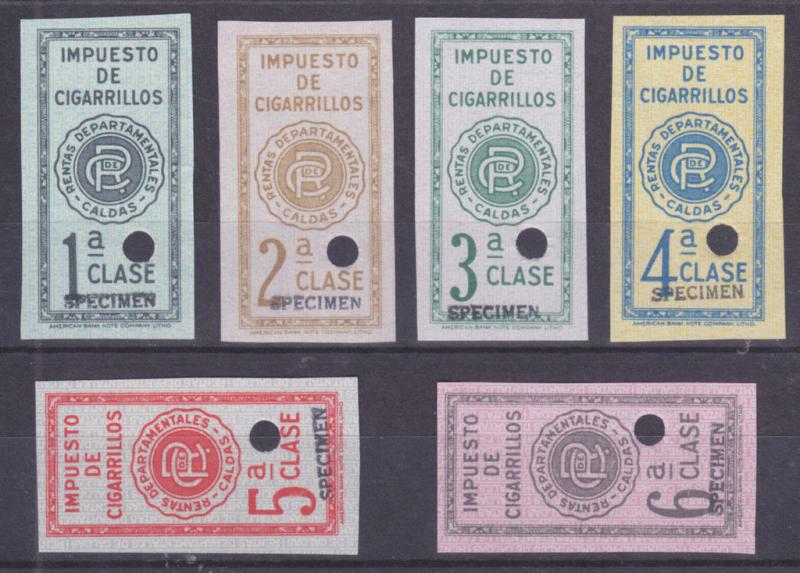 Colombia unused Tobacco Tax Fiscals, Set of 6 w/ SPECIMEN Overprints VF 