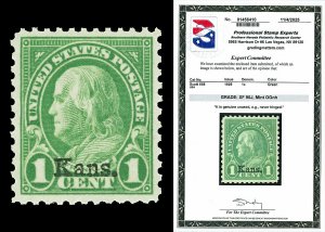 Scott 658 1929 1c Green Kans. Overprint Mint Graded XF 90J NH with PSE CERT
