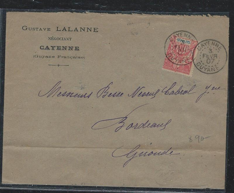 FRENCH GUIANA  (PP2709B) 1907 COVER FROM CAYENNE, GUYANE TO FRANCE