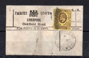 EDWARD VII 3d USED ON PARCEL POST LABEL (LIVERPOOL, OAKFIELD ROAD) 