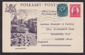 South Africa H&G 25 used 1947 1p Postal Card uprated, E. LONDON to LONDON, VF