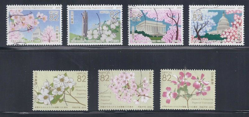 Japan 2015 USA Cherry Blossoms Centennial Complete Used Set 82Y Sc# 3814 a-g