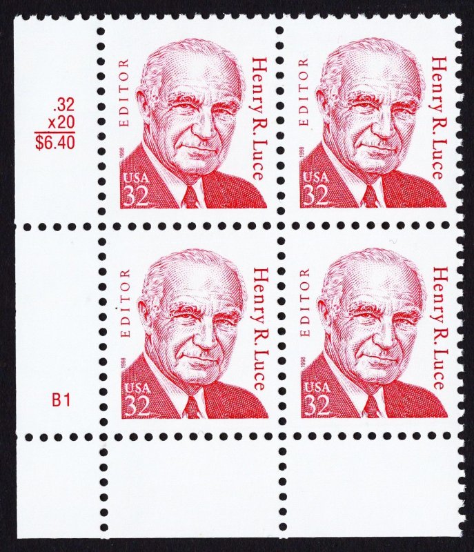 US 2935 MNH VF/XF 32 Cent Henry R. Luce Editor Plate Block of 4 Surface Tag