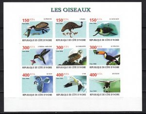 Ivory Coast. 2009 Cinderella issue. Birds & Owl, IMPERF sheet of 9. ^