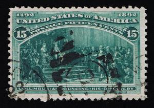 GENUINE SCOTT #238 USED 15¢ GREEN COLUMBIAN ISSUE NEW YORK DUPLEX & CDS CANCELS.