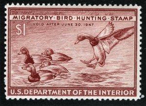 US Sc RW13 Red Brown $1.00 1946 Lightly Hinged Original Gum Federal Duck