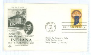 US 1308 1966 Indiana Statehood; corner crease. FDC