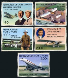 Ivory Coast 434-438,439,MNH. Aviation,1977.Aviators,aircraft,Concorde,Lindbergh.