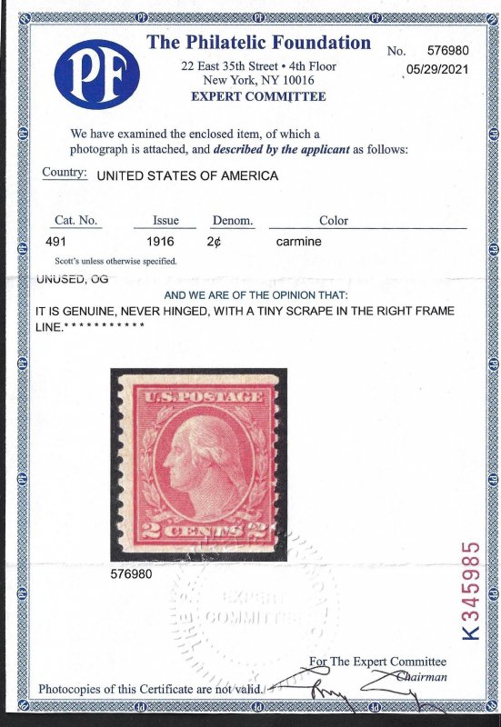 Scott #491 - $3,950.00 – Fine-OG-NH – GREAT RARITY. NH Type II. 2021 PF Cert