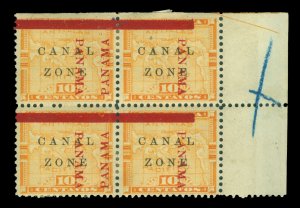 CANAL ZONE (US) 1904 Map of Panama Ovpt. 10c yel Sc#13d mint MH BLK 4 sheet side