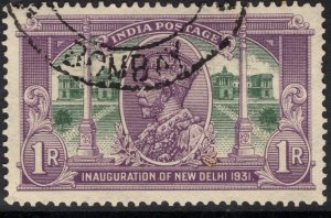 INDIA SG231w 1931 1r VIOLET & GREEN WMK STARS POINTING LEFT USED