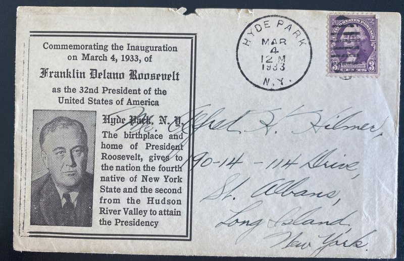 1933 Hyde Park NY USA Franklin Roosevelt Inauguration Cover To Long Island