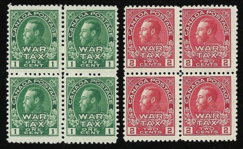 Doyle's_Stamps: MNH 1915 Canadian War Tax Blocks, Scott #MR1** & #MR2**, cv $520