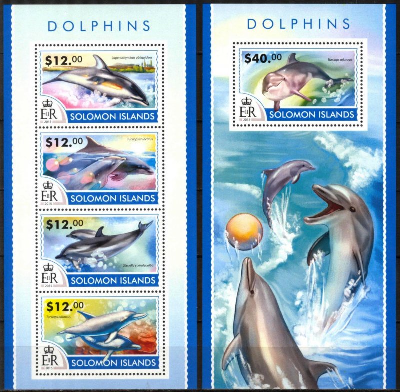 Solomon Islands 2015 Marine Life Dolphins I sheet + S/S MNH