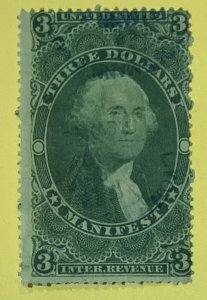 USA 1862-71 FIRST ISSUE REVENUE $3 MANIFEST HAND CANCELLATION