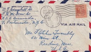 1942, N.O.B. Bermuda to Reading, MA, Airmail, Censored, Solo 10c Prexie (N6760)