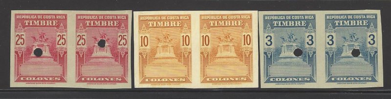 COSTA RICA TIMBRE REVENUE PAIRS IMPERF PROOF w/HOLE MNH