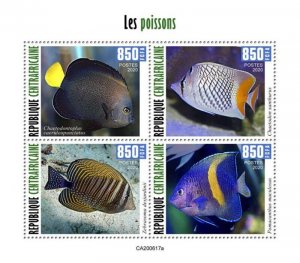 Central Africa - 2020 Fish, Tang, Angelfish - 4 Stamp Sheet - CA200617a