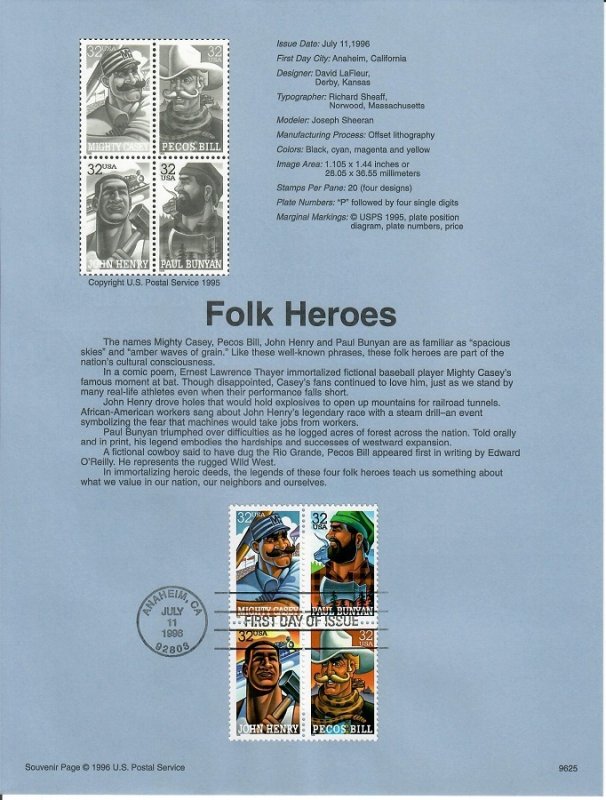 US SP1211 Folk Heroes Souvenir Page #3086a