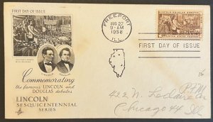 LINCOLN DOUGLAS DEBATES #1115 AUG 27 1958 FREEPORT IL FIRST DAY COVER (FDC) BX5