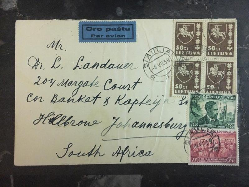 1939 Siauliai Lithuania Airmail cover To Johannesburg South Africa