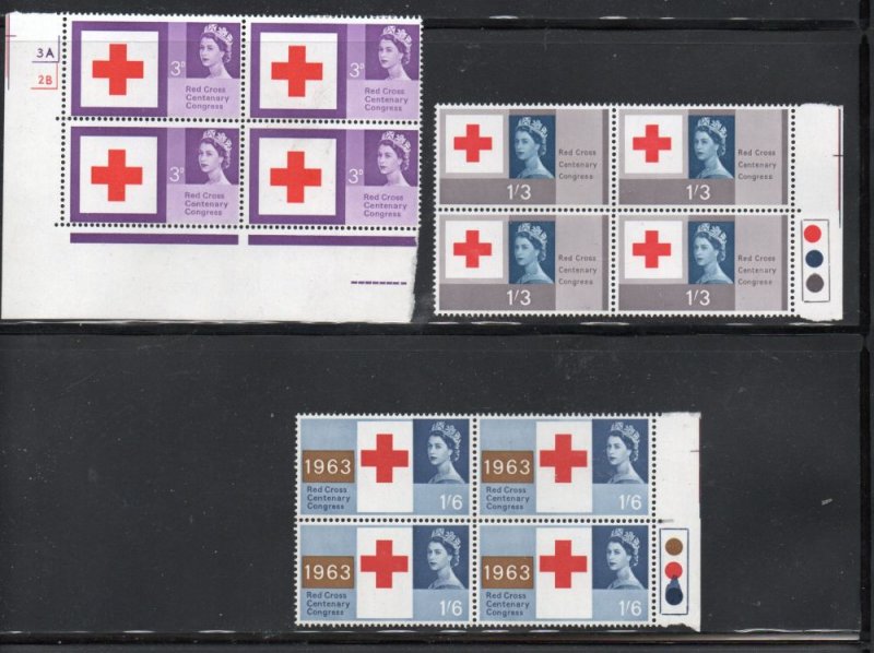 Great Britain Sc 398-400 1963 Red Cross blocks of 4 mint NH