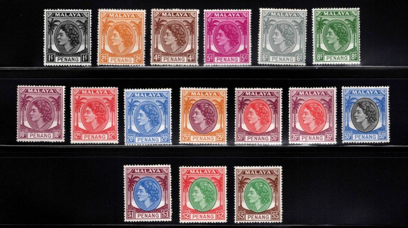 MALAYA Penang Scott 29-44 MH* QE2  complete 1954-55 set