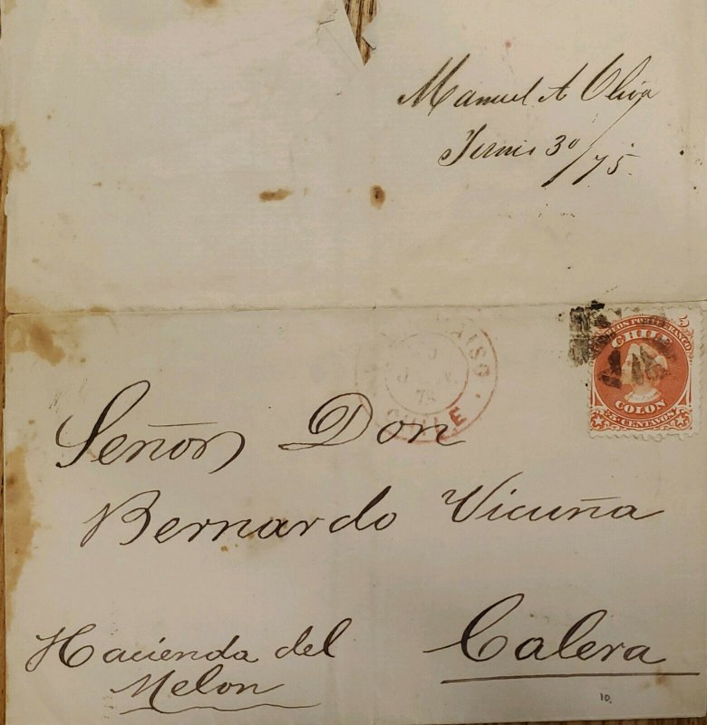 J) 1875 CHILE, COLON, CIRCULATED COVER, FROM CHILE TO CALERA