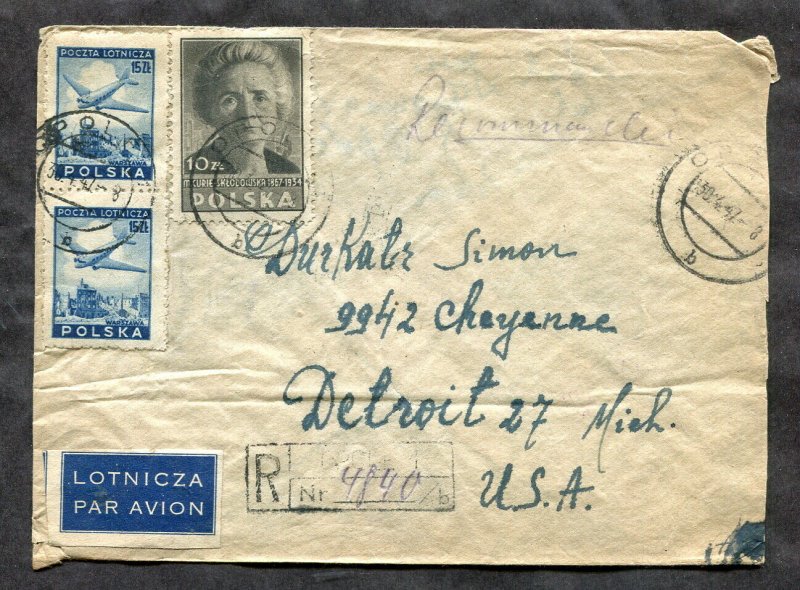 p178 - POLAND 1947 Registered Cover to USA. CURRENCY CONTROL, Customs Censored