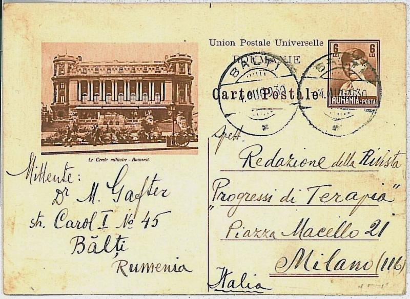 ROMANIA -  POSTAL HISTORY: PICTURE  Postal Stationery to ITALY 1930