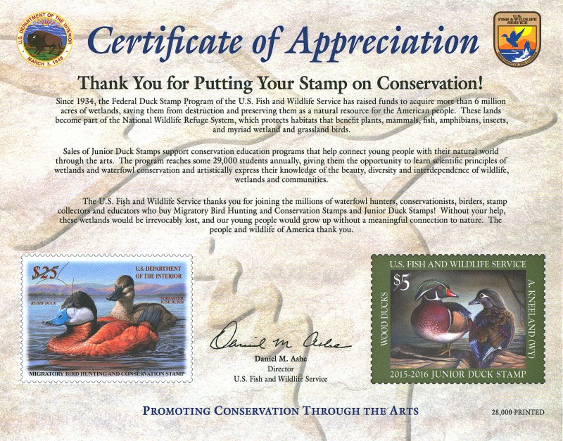 Scott RW82 FWS Certificate of Appreciation Limited Printing