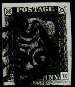 SG2, 1d black PLATE 1b, FINE USED. Cat £375. BLACK MX. HUGE MARGINS.