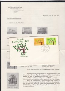 Iceland 1962 Akureyri Cancel EuropaTree Pic FDC Stamps Cover+Literature Ref26530