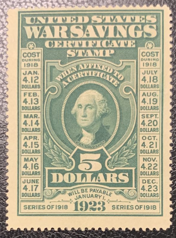 #WS2 – Mint NH light Gum 1917 $5 War Savings stamp, dark green, unwatermarked