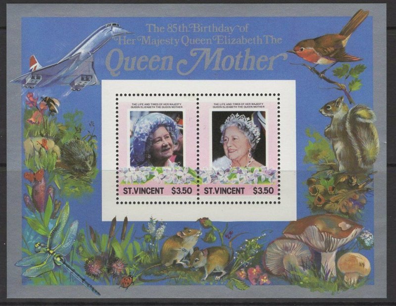 ST.VINCENT Sc866 1985 $3.50 QUEEN MOTHER SHEETLET MNH 