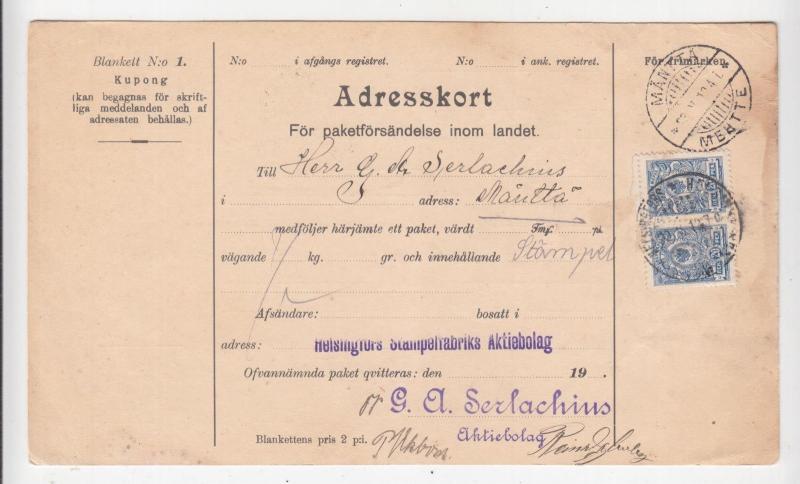 FINLAND,  Parcel Card, 1912, Helsingfors to Mantta, 40p.