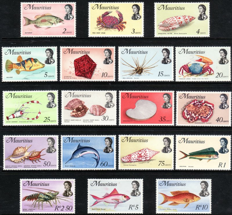 1969 Mauritius QE Marine Life complete set MNH Sc# 339 / 356 CV $31.35