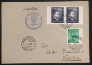 1938 Triesenberg Lichtenstein Balloon Airmail cover to Switzerland Via Aarau 151