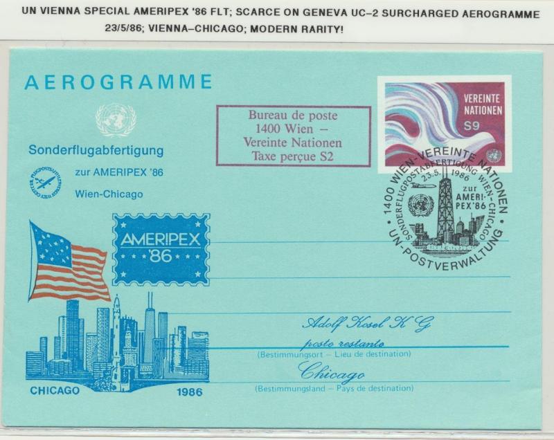UN VIENNA1986 SPECIAL AMERIPEX FLIGHT AEROGRAMME, SCARCE ON GENEVA UC-2 SURCHARG